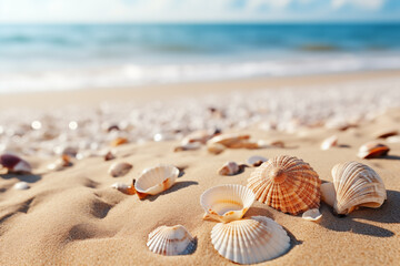 Fototapeta na wymiar Seashells lying on a sandy beach in sunny weather