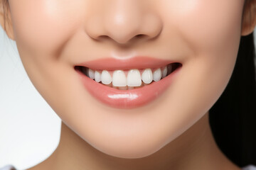 The lower part of an asian female face. Beautiful smile with clean perfect teeth. Dental service advertisement. 