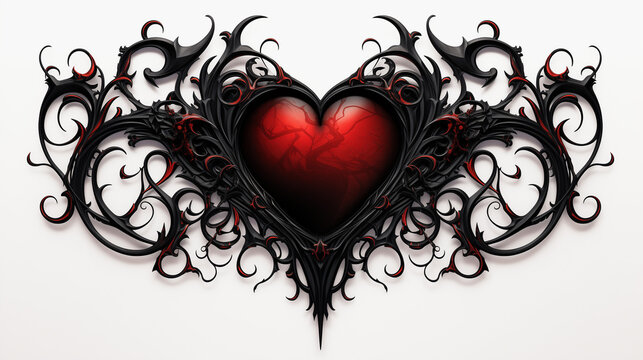 A vibrant red heart on a white background intricately adorned with gothic-inspired lines in black, creating a captivating and dramatic visual