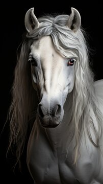 Andalusian horse with white coat color and light mane. Concept: Unique thoroughbred mare. A majestic artiodactyl animal. 