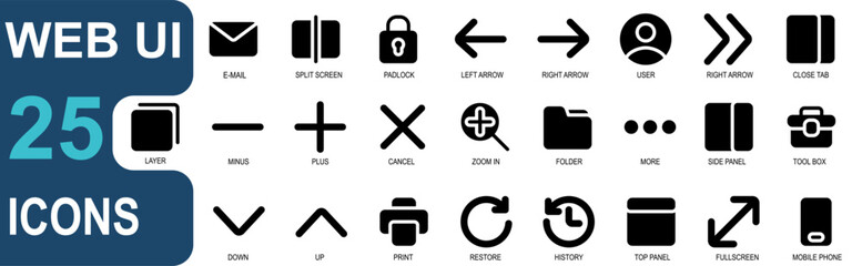 collection of web ui icons.plus,minus,cancel,zoom in,folder,more,close panel,tool.collection of glyph style graphic vectors.good for web and application ui.
