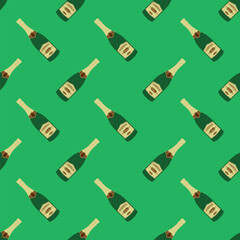 Champagne Pattern - Repeating Traditional Champagne Bottles on Green Background. Seamless