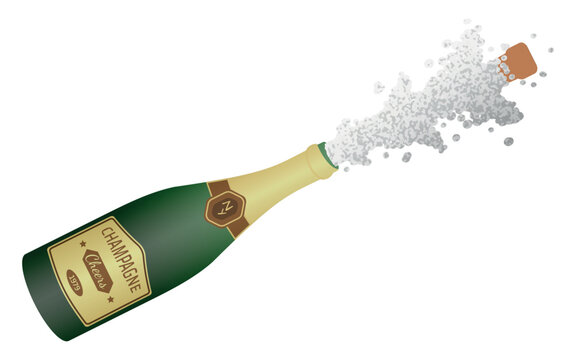 Illustration of Traditional Champagne Bottle Being Popped, Stopper Flying. Cheers, Happy New Year