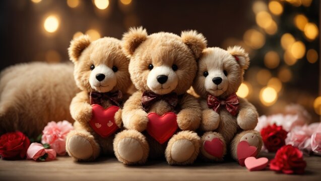 Teddy bears with hearts on wooden table against defocused 