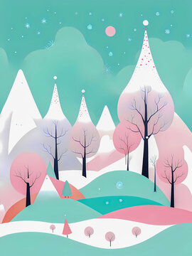 Winter landscape in soft colors for greeting season card.  AI-generated digital illustration, vertical image.