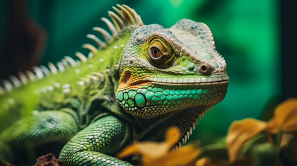 Obraz premium A vibrant green iguana with detailed scales and a focused gaze, positioned against a lush green backdrop.