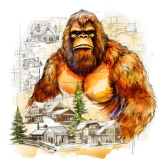 Watercolor Bigfoot, isolated, 