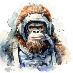 Watercolor Bigfoot, isolated, Image Sasquatch With spacesuit, helmet and space module, bright image, watercolour style on white background