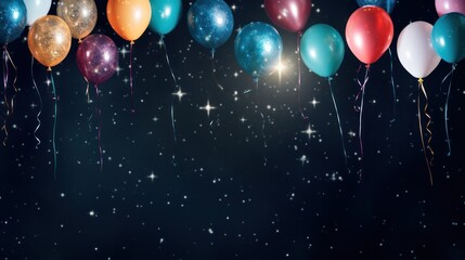 Colorful balloons and sparkling stars against a blue sky, creating a whimsical scene with room for text or messages.