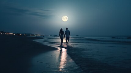 Fototapeta premium A couple holding hands while walking on a beautiful sunset-filled beach.