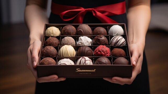 hand delicately holding a beautifully crafted box of homemade gourmet chocolate truffles