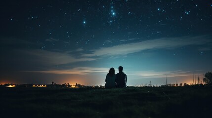 Fototapeta na wymiar Romantic couple embracing under a beautiful starry night sky