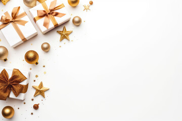 Top view of Christmas presents with golden ribbons on the black table, gold red baubles, christmas tree branches