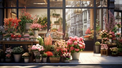 Flower shop, flower arrangements, bouquets or store branding. This contextualizes contactless payment in specific settings, providing a more authentic experience