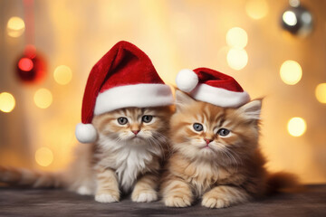 Obraz na płótnie Canvas Two ginger kittens in Santa hats laying in front of blurred Christmas tree, blurred golden lights bokeh background