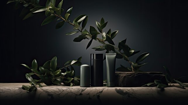 cosmetic products on a green background with elements of greenery and eke products. Foliage improves the overall aesthetics and creates a harmonious composition
