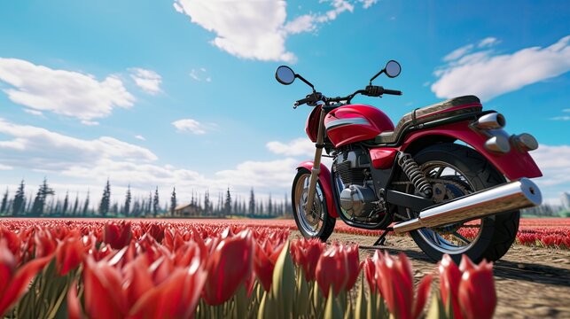 parked red motorcycle and tulip fields, motorcycle details and bright colors of tulip fields. This creates a visually appealing and realistic scene