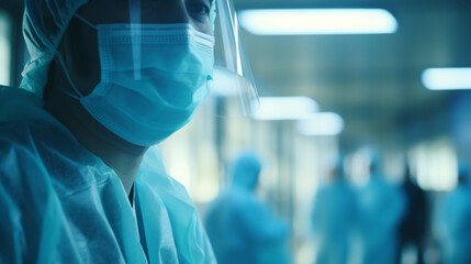 Gros plan sur un chirurgien portant un masque et une blouse d'hôpital. Opération, équipement médical, médecin, santé. Pour conception et création graphique.