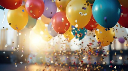 festive party scene with colorful confetti and shiny gold balloons.