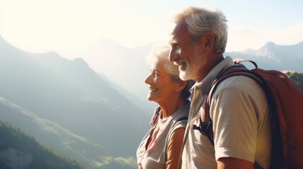 Elderly couple enjoying a scenic mountain hike, embracing each other from behind.
