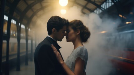 Vintage couple sharing romantic glances in a nostalgic 1940s train station amidst swirling steam