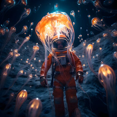 Clpse up shot of an astronaut holding a glowing Jelly fish, in deep space
