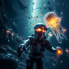 Fototapeta na wymiar clpse up shot of an astronaut holding a glowing Jelly fish, in deep space