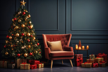 Dark Christmas interior, panelled walls in rich grey color, decorated Christmas tree in front of the wall