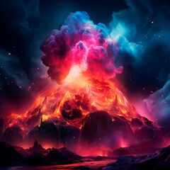 Volcan erupcion explocion de colores neon  - obrazy, fototapety, plakaty