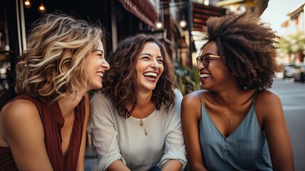 Three multiracial young women laughing and enjoying their friendship