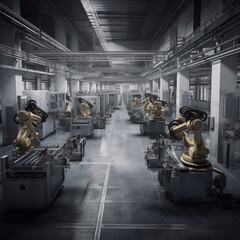 Robots in a factory performing complex tasks in an efficient production line with synchronized movements.