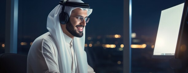 Arabic Male Customer Service Representative Job Profession Attractive Setting Generative AI - obrazy, fototapety, plakaty