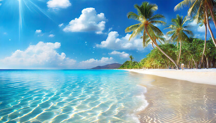 plage vacances paradisiaque soleil palmier ciel bleu - obrazy, fototapety, plakaty