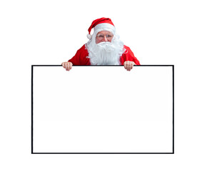 Santa Claus is holding and pointing the white blank sign for seasonal promotion sale and announcement board advertisement isolated on white background for commercial usage