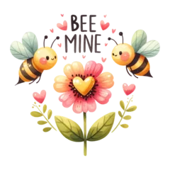 Fotobehang Two bees with the phrase "Bee mine" flutter around a heart-shaped flower © Artyom