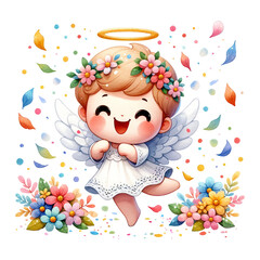 Cheerful angel with floral halo floating among petals