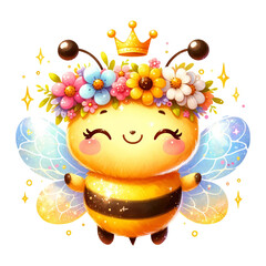 Bee with a crown and floral decoration, glittering happily