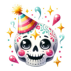 A festive skull with colorful patterns and a birthday hat