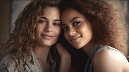 Obraz premium lovely smiling lesbian couple, golden hour