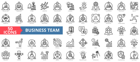 Business team icon collection set. Containing collaboration,strategy,leadership,communication,innovation,empowerment,synergy icon. Simple line vector illustration.