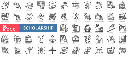 Scholarship icon collection set. Containing financial aid,tuition assistance,grant,fellowship,award,bursary,stipend icon. Simple line vector illustration.