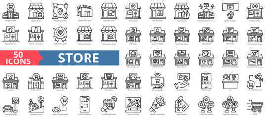 Store icon collection set. Containing retail,shopping centers,department store,trolley,groceries,loyalty program,brands promotions icon. Simple line vector illustration.