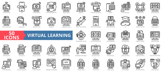 Virtual learning icon collection set. Containing blended learning,lms,gamification,ebooks,coaching,mentoring,course icon. Simple line vector illustration.