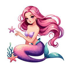 illustration of the mermaid with pink hair, featured in a playful pose and set against a white background - obrazy, fototapety, plakaty