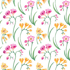 Watercolor seamless pattern with twigs of freesia flower in yellow and pink colors