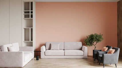Peach fuzz interior room color 2024 year. A pastel wall accent paint background. Apricot salmon orange shades of room interior design. Ivory creamy luxury furniture sofa and tan pillows. 3d render 