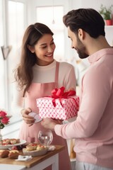 Obraz na płótnie Canvas A woman surprising her partner with a homemade Valentine's Day gift