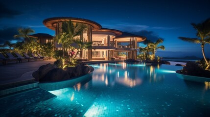 An inviting view of a tropical resort pool at night, with the glow of lights from round-shaped luxury homes nearby