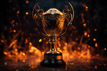 gold cup with trophy .Trophy image on a dark background with abstract shiny lights