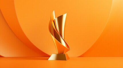 A dynamic gold-plated trophy with dynamic angles, isolated on a radiant orange background. - obrazy, fototapety, plakaty